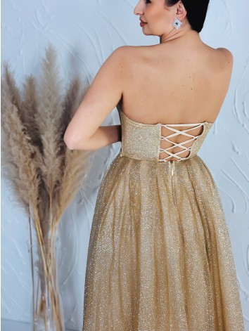 Dámske trblietavé zlaté midi spoločenské šaty s viazačkou