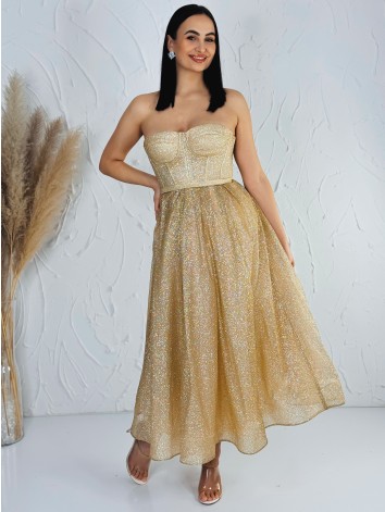Dámske trblietavé zlaté midi spoločenské šaty s viazačkou