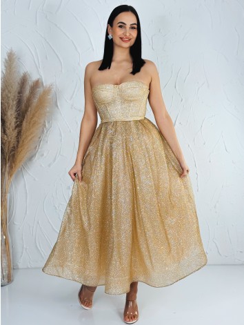 Dámske trblietavé zlaté midi spoločenské šaty s viazačkou