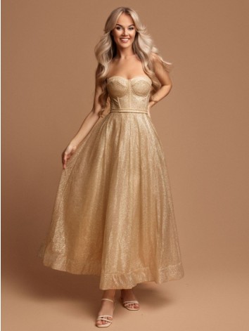 Dámske trblietavé zlaté midi spoločenské šaty s viazačkou