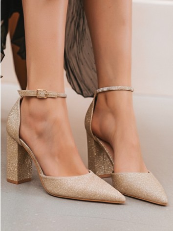 Dámske trblietavé zlaté sandále na hrubom trblietavom opätku Rimea
