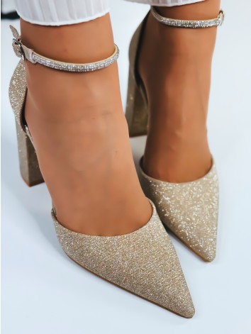 Dámske trblietavé zlaté sandále na hrubom trblietavom opätku Rimea