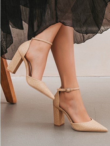 Dámske trblietavé zlaté sandále na hrubom trblietavom opätku Rimea
