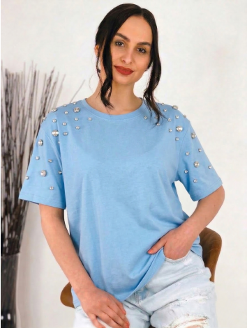 Dámske tričko so strieborným vybíjaním v modrej farbe