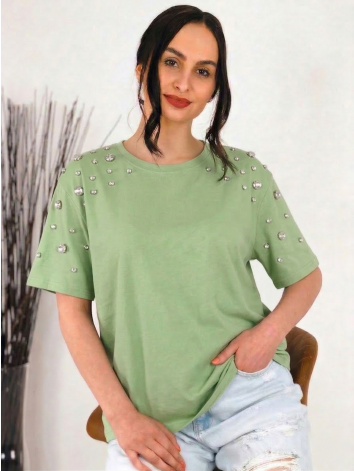 Dámske tričko so strieborným vybíjaním v pistáciovej farbe