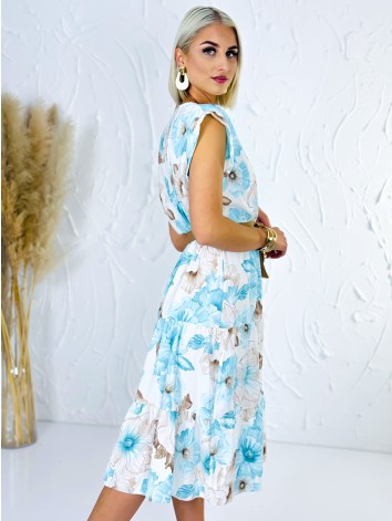 Dámske tyrkysové kvetované šaty s hnedým opaskom