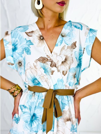 Dámske tyrkysové kvetované šaty s hnedým opaskom