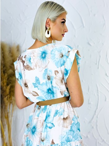 Dámske tyrkysové kvetované šaty s hnedým opaskom