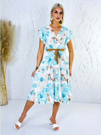 Dámske tyrkysové kvetované šaty s hnedým opaskom