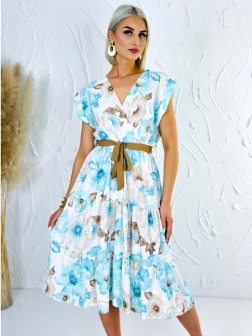 Dámske tyrkysové kvetované šaty s hnedým opaskom