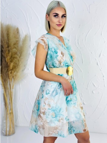 Dámske tyrkysové kvetované šaty s véčkovým výstrihom