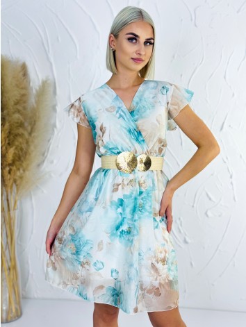 Dámske tyrkysové kvetované šaty s véčkovým výstrihom
