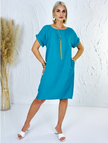 Dámske tyrkysové voľné letné šaty aj pre moletky s vreckami