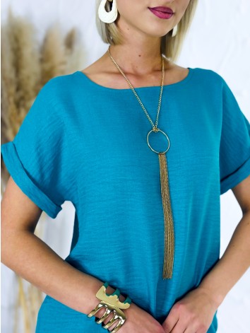 Dámske tyrkysové voľné letné šaty aj pre moletky s vreckami