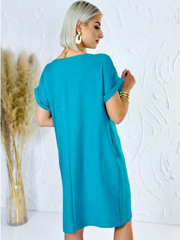 Dámske tyrkysové voľné letné šaty aj pre moletky s vreckami