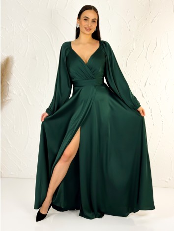 Dámske zelené dlhé spoločenské šaty s rozparkom pre moletky Olia
