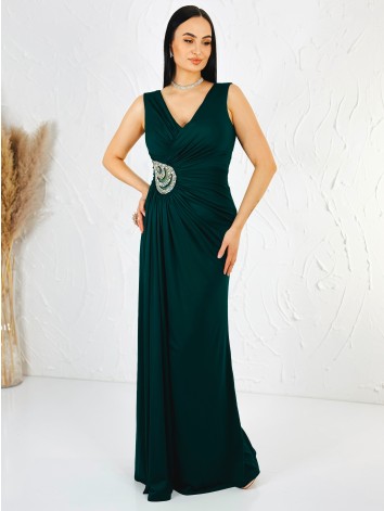Dámske zelené spoločenské šaty so striebornou aplikáciou a rázporkom