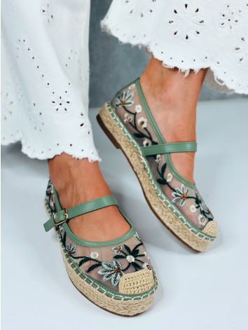 Dámske zelené vyšívané espadrilky s remienkom Mary