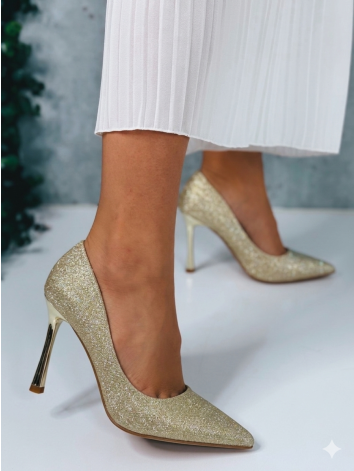 Dámske zlaté trblietavé lodičky na nízkom opätku