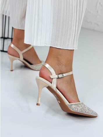 Dámske zlaté sandále s kamienkami na nízkom opätku