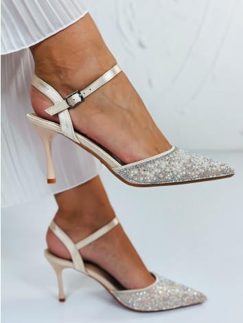 Dámske zlaté sandále s kamienkami na nízkom opätku