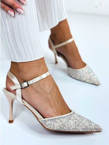 Dámske zlaté sandále s kamienkami na nízkom opätku