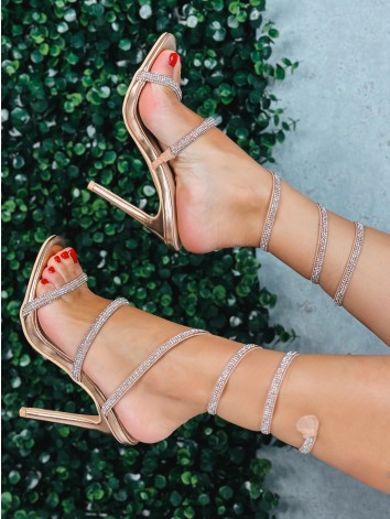 Dámske zlaté sandále so špirálovým remienkom a kamienkami