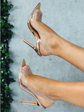 Dámske zlaté transparentné sandále s kamienkami