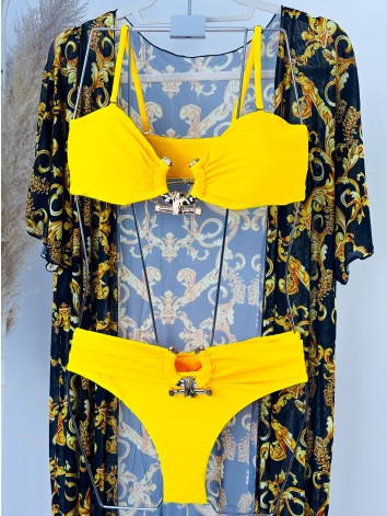 Dámske žlté dvojdielne plavky so zlatou aplikáciou + kimono