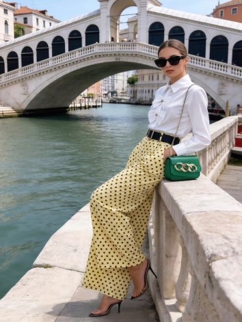Dámske žlté široké nohavice s opaskom na bodky Dubaj
