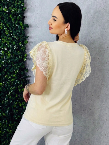 Dámske žlté tričko s čipkovanými rukávmi Alona