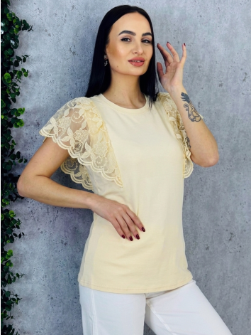 Dámske žlté tričko s čipkovanými rukávmi Alona