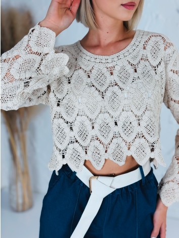 Dámsky béžový háčkovaný top s dlhým rukávom