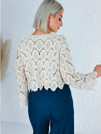 Dámsky béžový háčkovaný top s dlhým rukávom