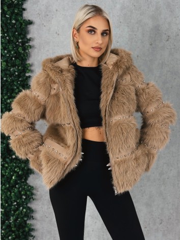 Dámsky béžový kožuch s ozdobnými kamienakmi a kapucňou