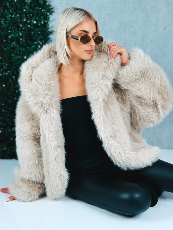 Dámsky béžový mohutný kožuch s kapucňou