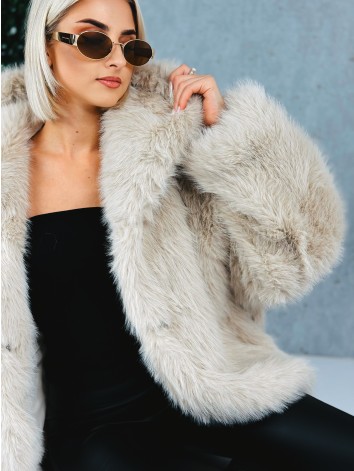 Dámsky béžový mohutný kožuch s kapucňou