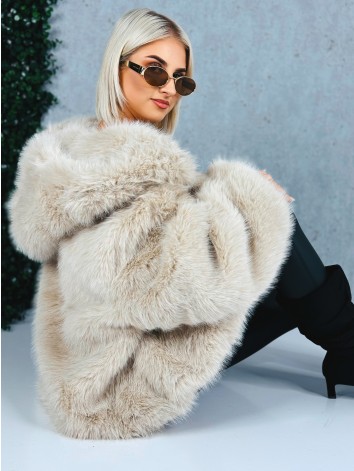 Dámsky béžový mohutný kožuch s kapucňou