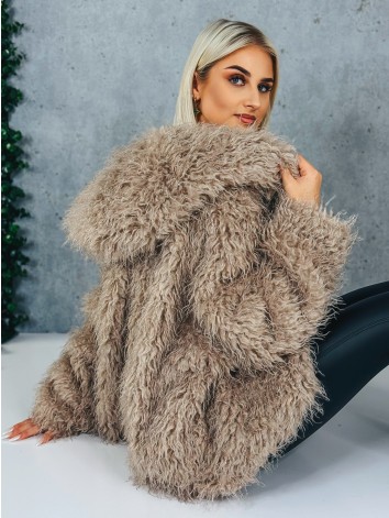 Dámsky béžový ovečkový kožuch s kapucňou Aria