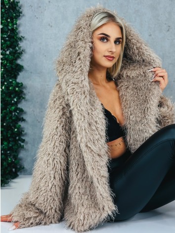 Dámsky béžový ovečkový kožuch s kapucňou Aria