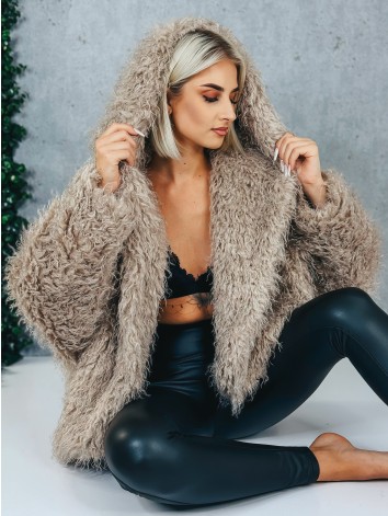Dámsky béžový ovečkový kožuch s kapucňou Aria