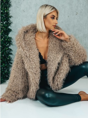 Dámsky béžový ovečkový kožuch s kapucňou Aria