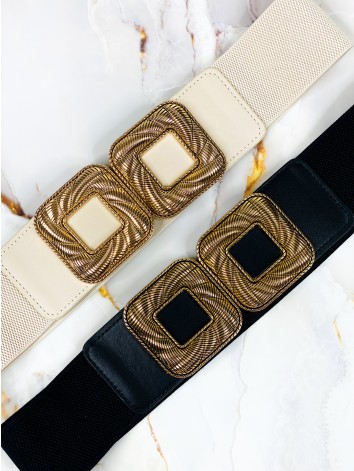 Dámsky béžový pružný hrubý opasok so zlatou aplikáciou Lora