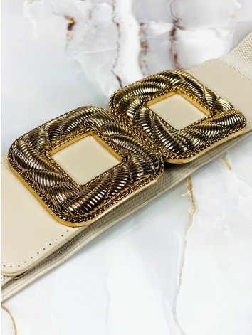 Dámsky béžový pružný hrubý opasok so zlatou aplikáciou Lora