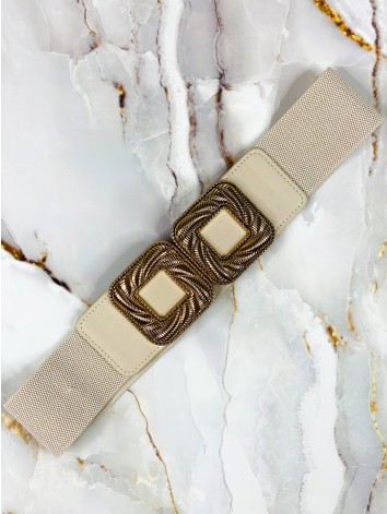 Dámsky béžový pružný hrubý opasok so zlatou aplikáciou Lora