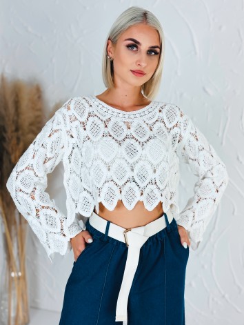 Dámsky biely háčkovaný top s dlhým rukávom