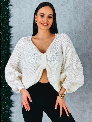 Dámsky biely pletený sveter s uzlom