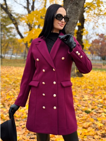Dámsky bordovo-fialový elegantný kabát s dvojradovým zapínaním Amara