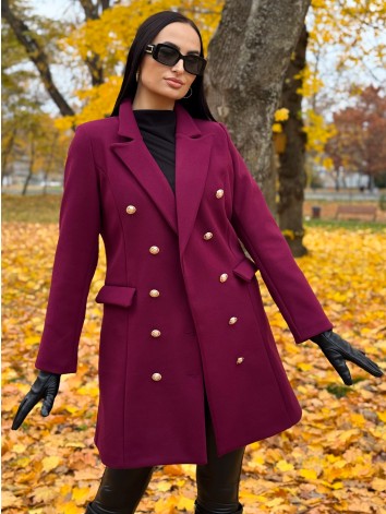 Dámsky bordovo-fialový elegantný kabát s dvojradovým zapínaním Amara