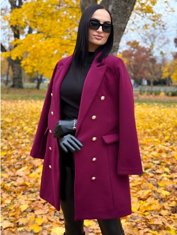 Dámsky bordovo-fialový elegantný kabát s dvojradovým zapínaním Amara